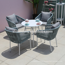 Popular outdoor garden webbing rope furniture  garden table set rope chairs with cushion small round tea table